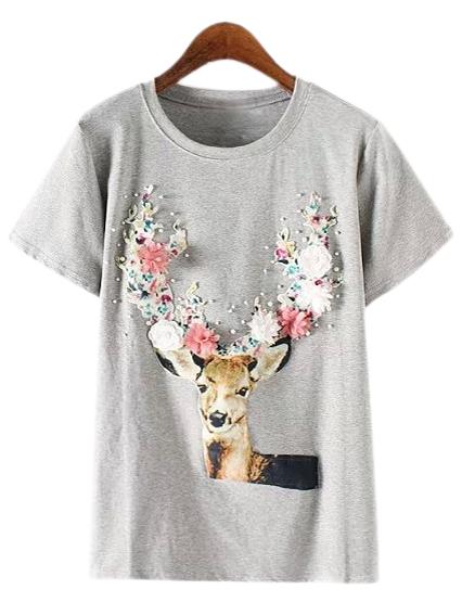 Romwe Grey Short Sleeve Studded Flowers Deer T-shirt