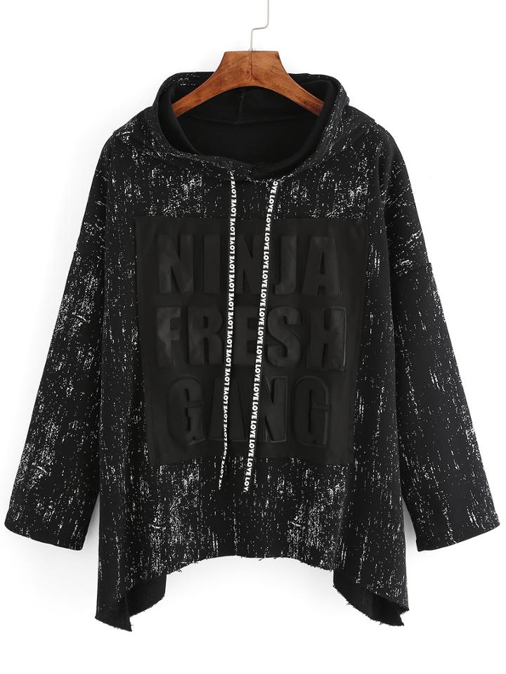Romwe Hooded Speckled Print Loose Black Sweatshirt