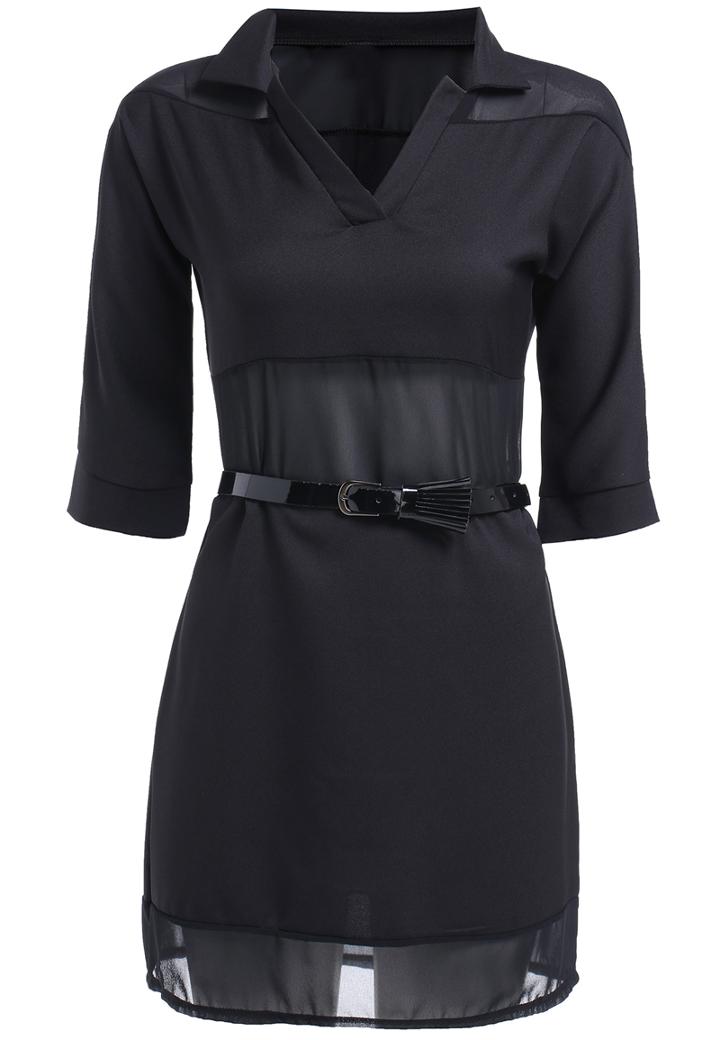 Romwe V Neck With Belt Black Dress