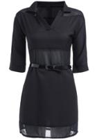 Romwe V Neck With Belt Black Dress