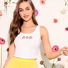 Romwe Cherry Print Rib-knit Crop Tank Top