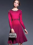 Romwe Purple Round Neck Long Sleeve Beading Knit Dress