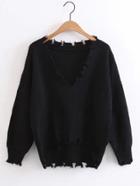 Romwe Distressed Drop Shoulder High Low Sweater