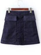 Romwe Corduroy A-line Navy Skirt With Pockets