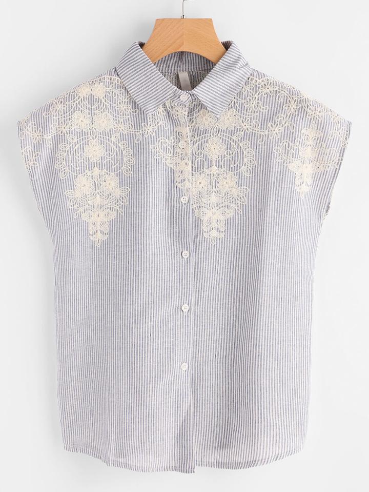 Romwe Cap Sleeve Embroidered Vertical Pinstripe Shirt