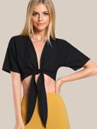 Romwe Tie Front Plunging Top