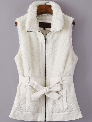 Romwe Lapel Zipper Belt White Vest