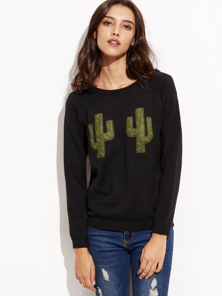 Romwe Black Patch Long Sleeve Sweater