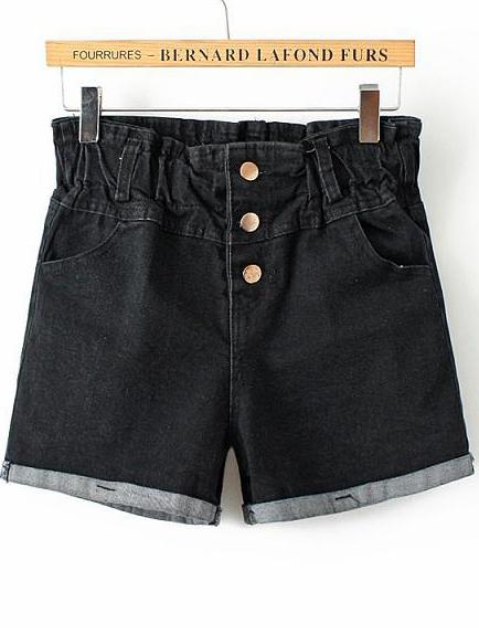 Romwe Black High Waist Buttons Flange Denim Shorts