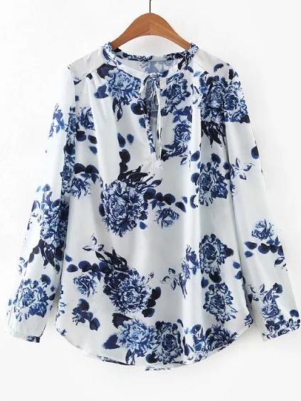 Romwe White Floral Tie Neck Blouse