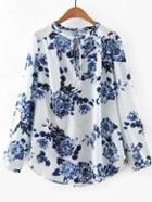 Romwe White Floral Tie Neck Blouse