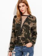 Romwe Camo Print Criss Cross Plunge Sweatshirt