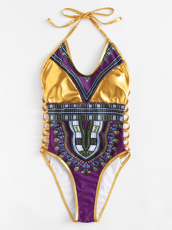 Romwe Ladder Cut Out Mixed Print Swimsuit