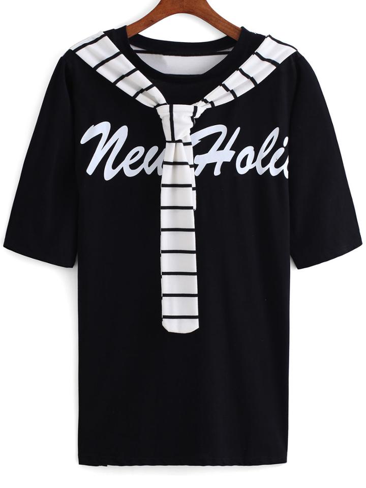 Romwe Striped Shawl Collar Letters Print Black T-shirt