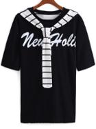 Romwe Striped Shawl Collar Letters Print Black T-shirt