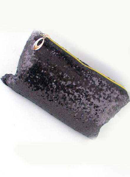 Romwe Black Sequined Zipper Clutch Bag