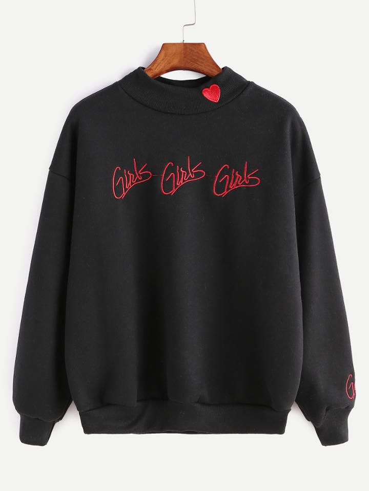 Romwe Black High Neck Drop Shoulder Embroidered Sweatshirt