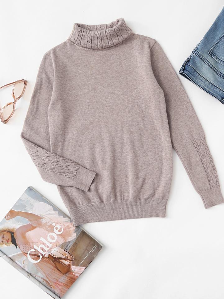 Romwe High Neck Cable Print Sweater