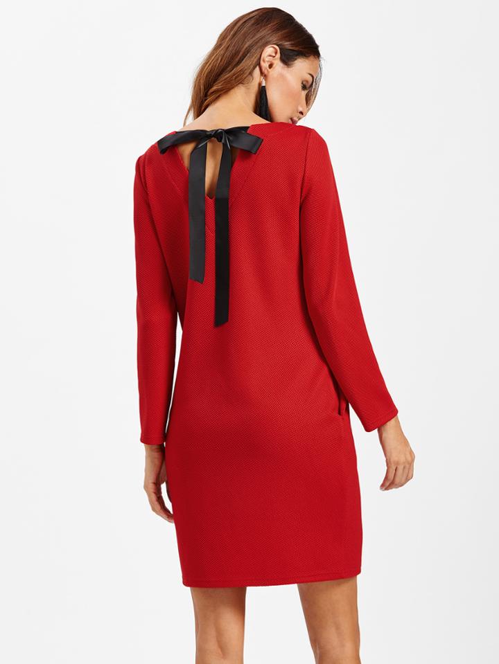 Romwe V Cut Bow Back Textured Dress