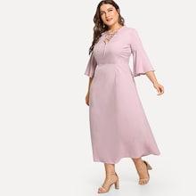 Romwe Plus Lace-up V Neckline Flounce Sleeve Dress