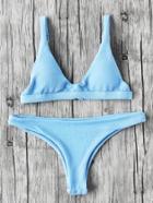 Romwe Plain Textured Triangle Bikini Set