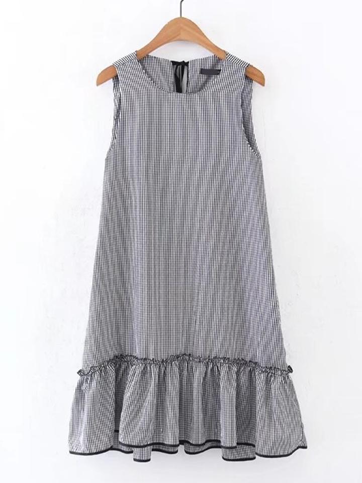 Romwe Drop Waist Frill Trim Tie Back Grid Dress