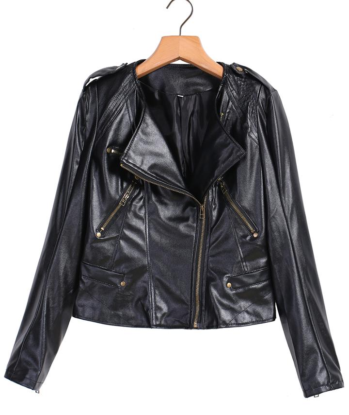 Romwe Oblique Zipper Crop Pu Black Jacket