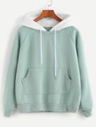 Romwe Pale Green Raglan Sleeve Pocket Sweatshirt With Contrast Hood