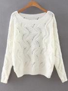 Romwe White Round Neck Hollow Out Sweater