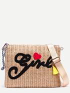 Romwe Beige Letter Embroidered Straw Crossbody Bag