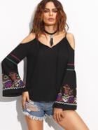 Romwe Embroidered Fluted Sleeve Cold Shoulder Top