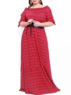 Romwe Round Neck Print Plus Maxi Red Dress