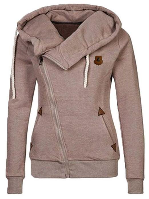 Romwe Hooded Oblique Zipper Loose Khaki Sweatshirt