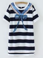 Romwe Navy Stripe Bow Sequined Front Dress