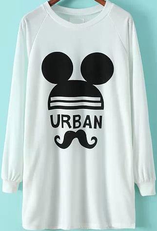 Romwe Moustache Mickey Print Long Sleeve White T-shirt
