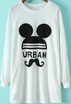 Romwe Moustache Mickey Print Long Sleeve White T-shirt