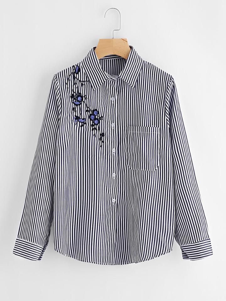 Romwe Floral Embroidered Vertical Striped Shirt