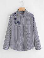 Romwe Floral Embroidered Vertical Striped Shirt