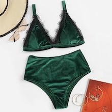 Romwe Lace Detail Top With High Waist Bikini Set