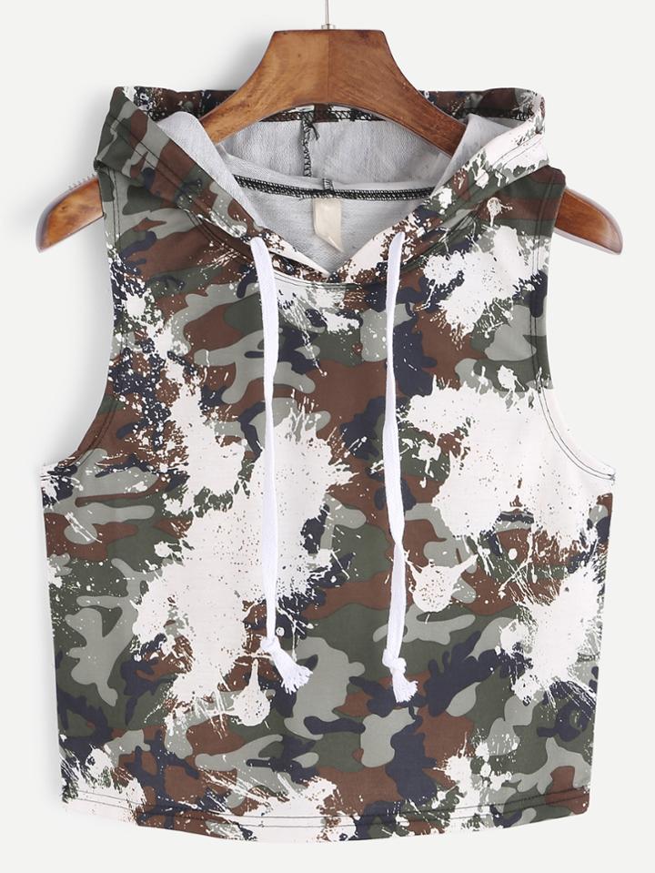 Romwe Camouflage Print Hooded Crop Top