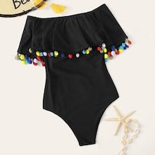 Romwe Pom Pom Trim Flounce One Piece Swimsuit