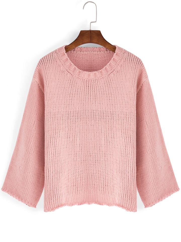 Romwe Round Neck 3/4 Sleeve Pink Sweater