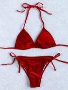 Romwe Side Tie Velvet Triangle Bikini Set
