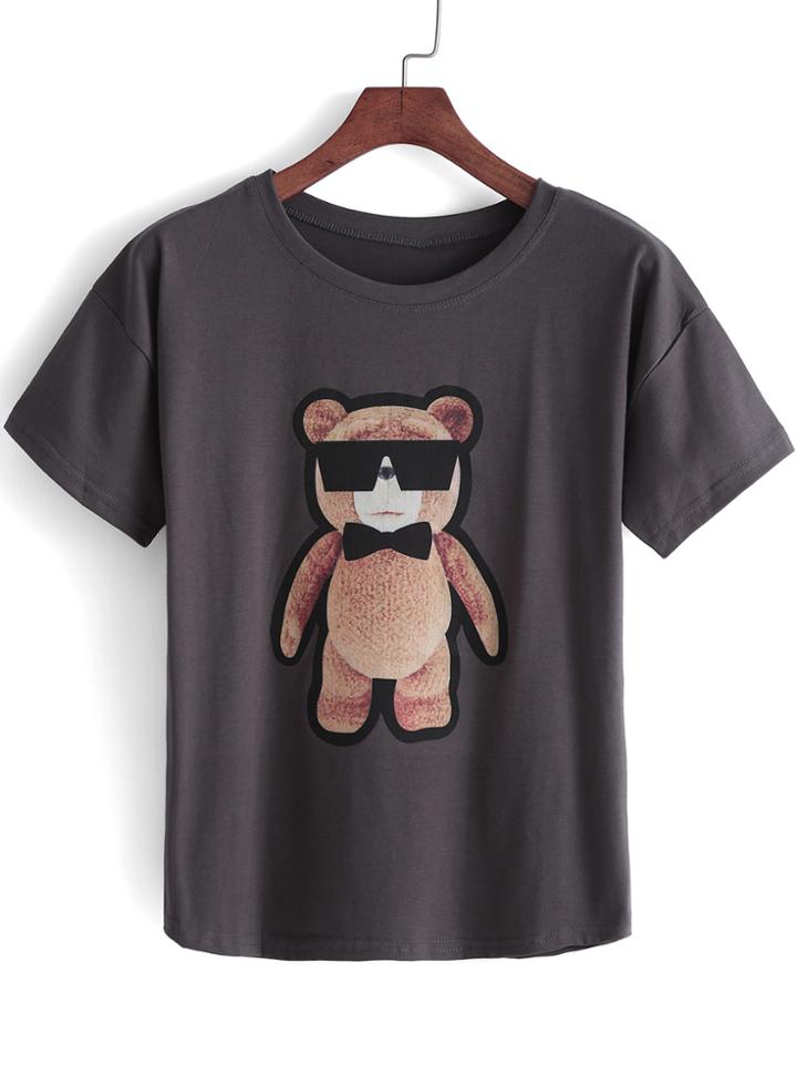 Romwe Cubs Print Drak Grey T-shirt