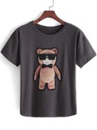 Romwe Cubs Print Drak Grey T-shirt