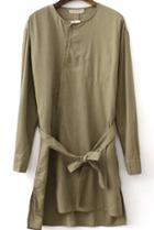 Romwe Tie-waist Dipped Hem Coffee Blouse