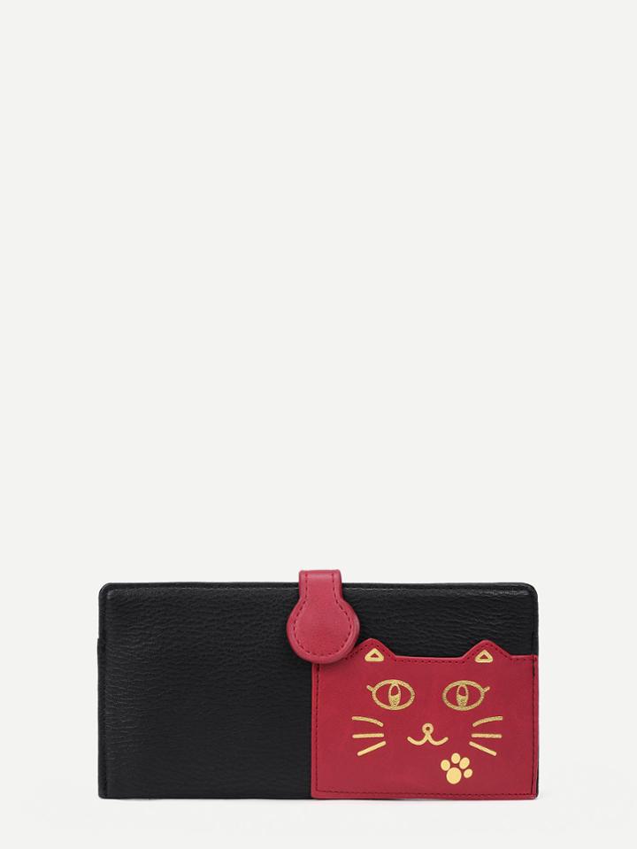 Romwe Two Tone Cat Print Pu Wallet