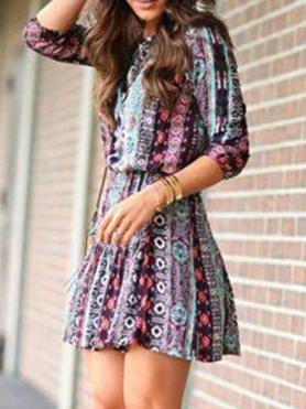 Romwe Round Neck Florals Waist Dress