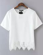 Romwe White Short Sleeve Lace Hem Chiffon T-shirt