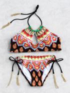 Romwe Tribal Print Chain Detail Halter Bikini Set